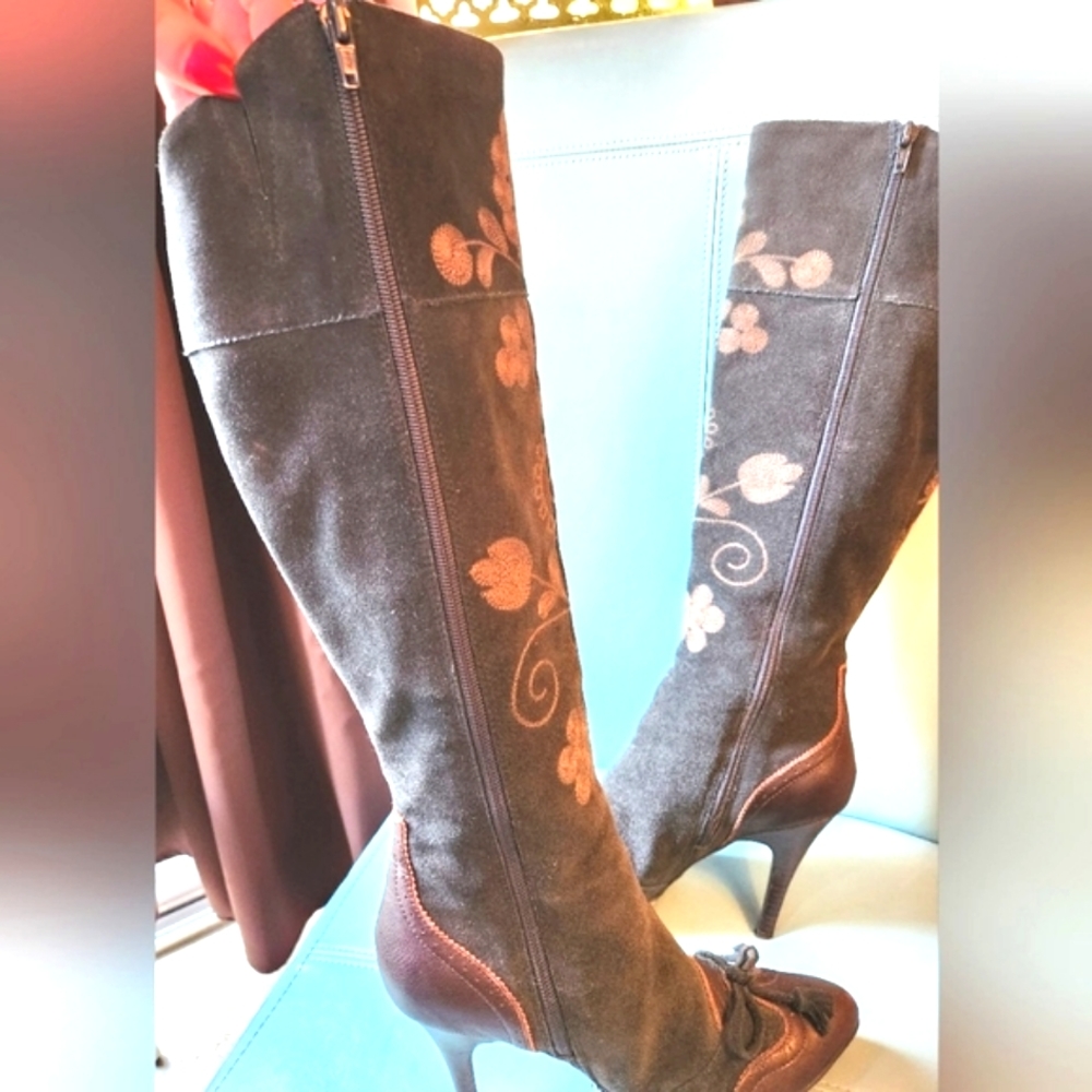 SAM EDELMAN Victorian Embroidery Suede Leather Zip BOW Ties Knee Boots 8.5 EUC - Picture 3 of 16